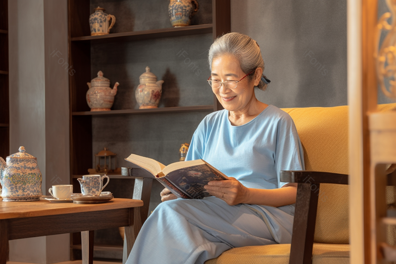 中医养生馆室内老年人静静的坐在沙发上看书,高清,摄影图,摄影图片,图片大全,摄影图免费下载